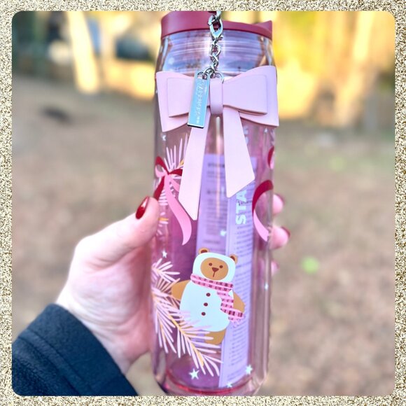 🎄🎀 NWT 2025 Starbucks Christmas Pink/Mauve 16oz Bottle w/ Ribbon Charm - Picture 7 of 12